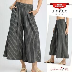 Umgee High Waisted Vertical Pinstripe Side Pockets Cropped Palazzo Pants | Black